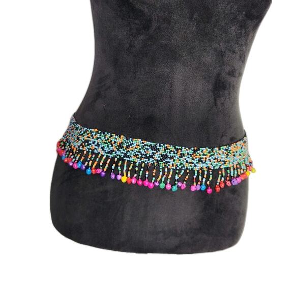 Vintage Unbranded Multicolor Tie Beaded Belt With Fringes & Bells 28-38 In Boho main image 6